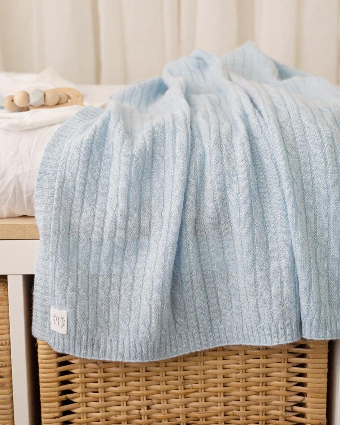 Cashmere Cable Knit Baby Blanket - Sky - Heirloom Cashmere Australia