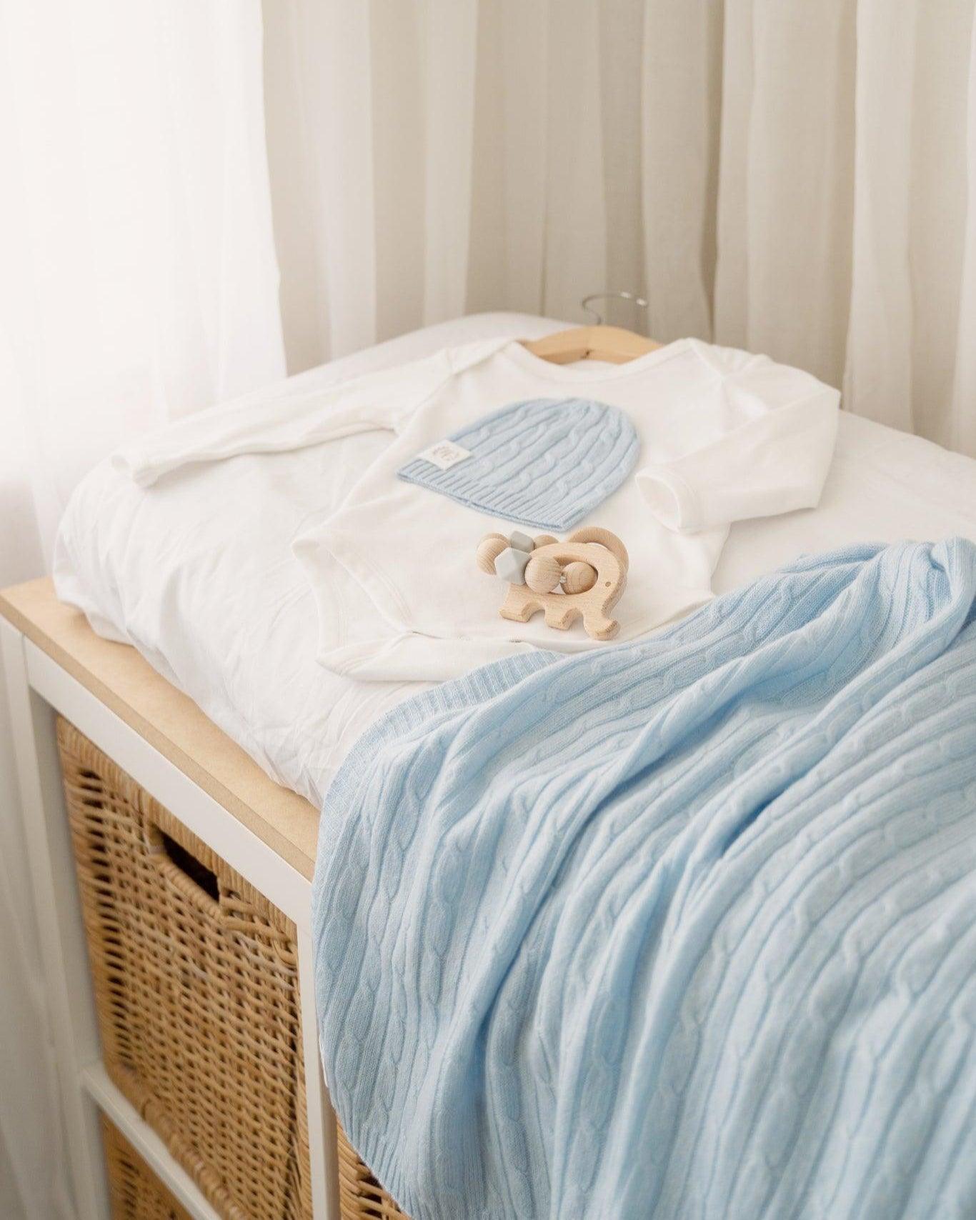 Cashmere Cable Knit Baby Blanket - Sky - Heirloom Cashmere Australia