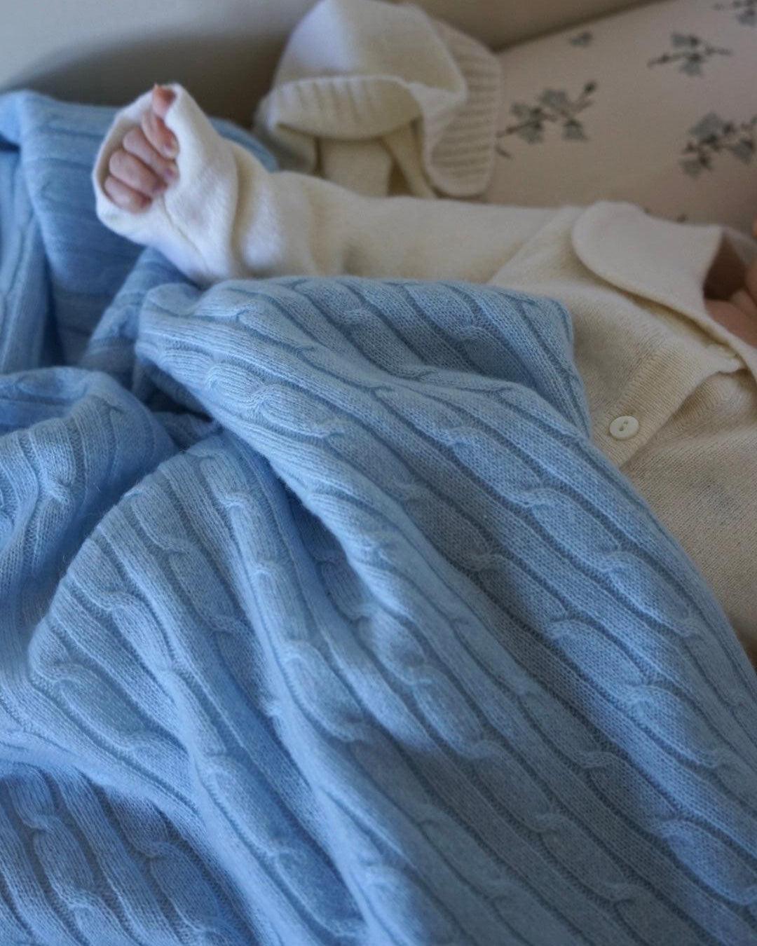 Cashmere Cable Knit Baby Blanket - Sky - Heirloom Cashmere Australia